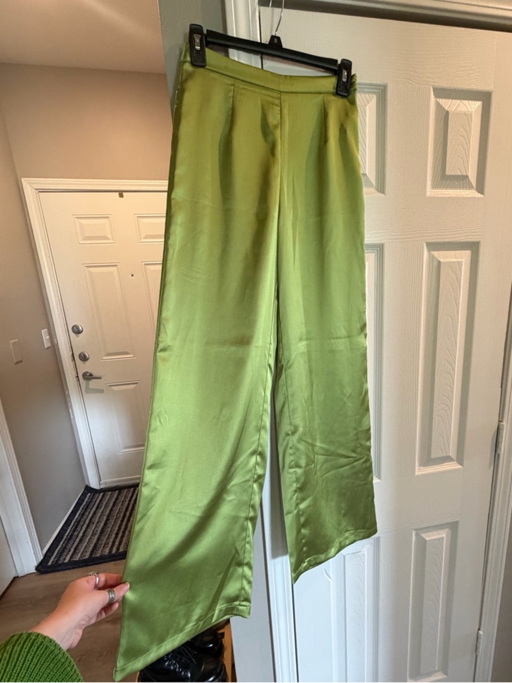 green satin flowy wide leg  pants